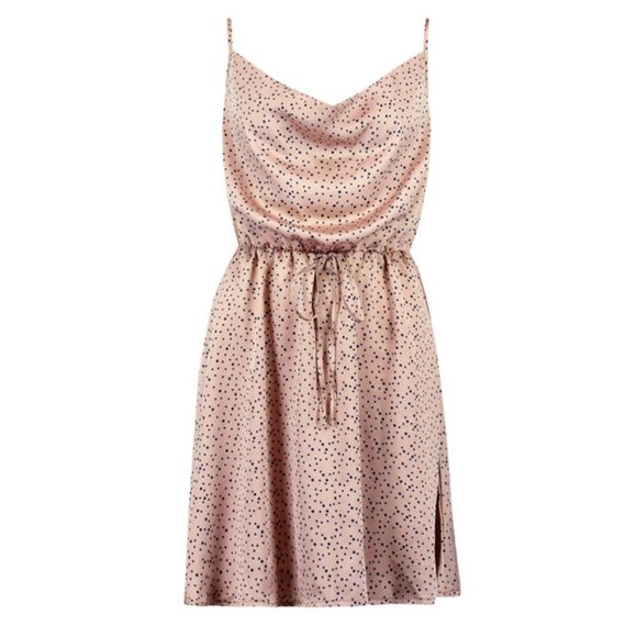 Boohoo Nude Satin Polka Dot Cowl Neck Skater Dress Sz 10 - Picture 11 of 11